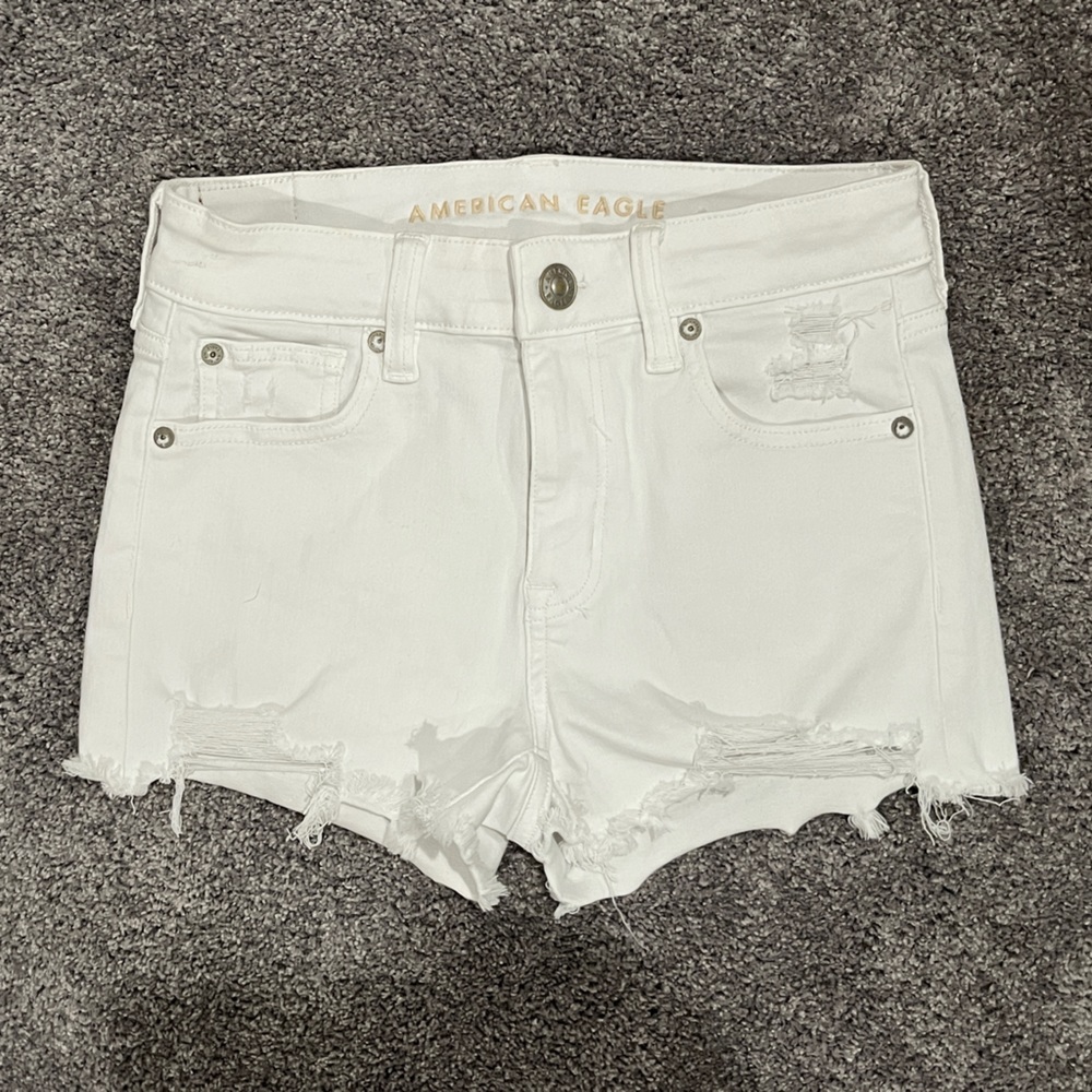 White next stretch high wasted jean shorts
